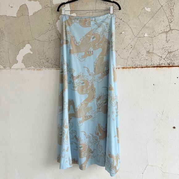 California Girl Dresses & Skirts - Vtg 70s Maxi Skirt Dragon Print Blue Gold California Girl Coastal Bohemian Retro